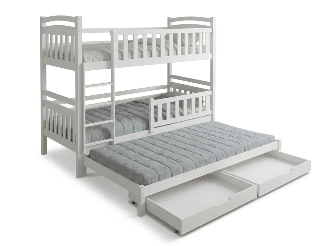 Letto a castello in legno per 3 persone 90x200 cm con cassetti P3S bianco