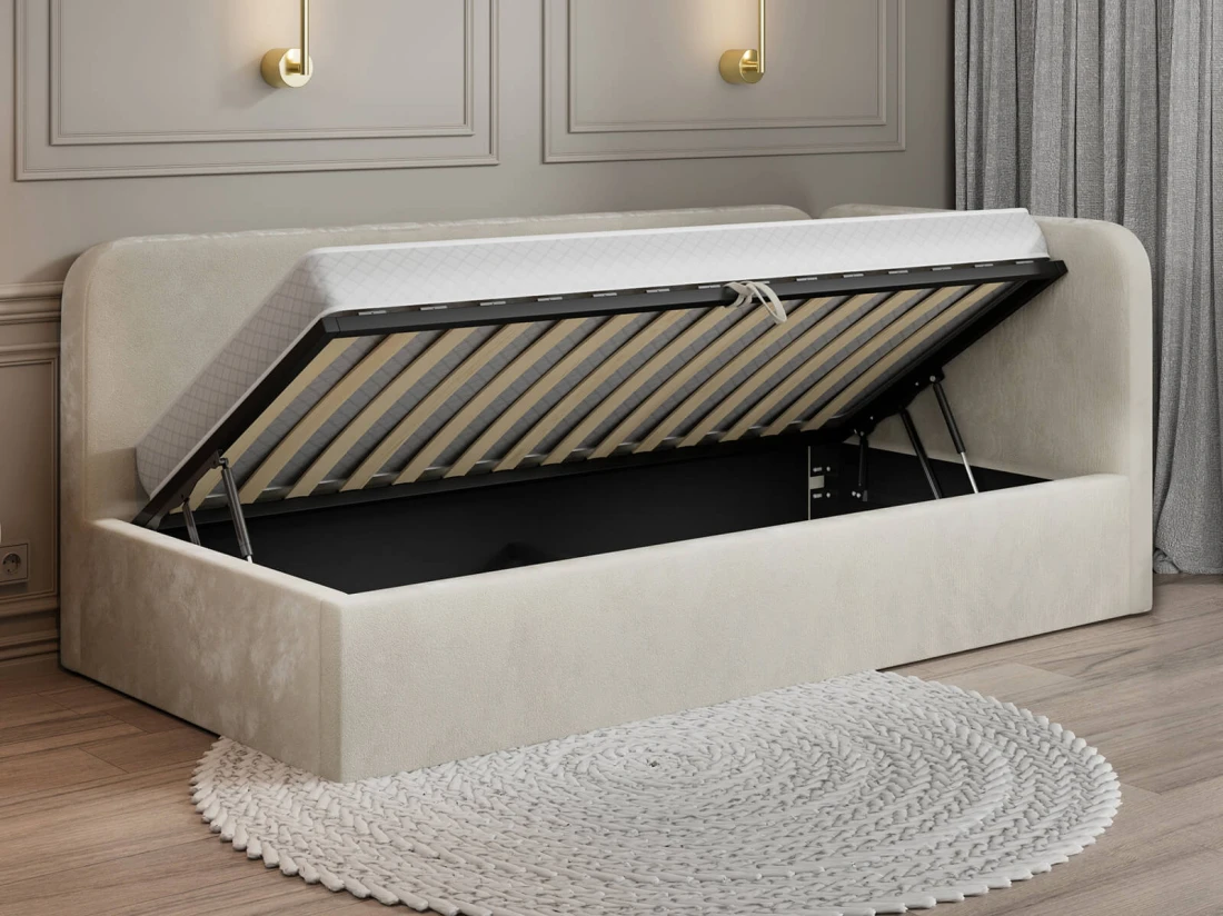 Divano singolo imbottito 90x200 con contenitore con struttura, Leo Bluvel 22 Beige