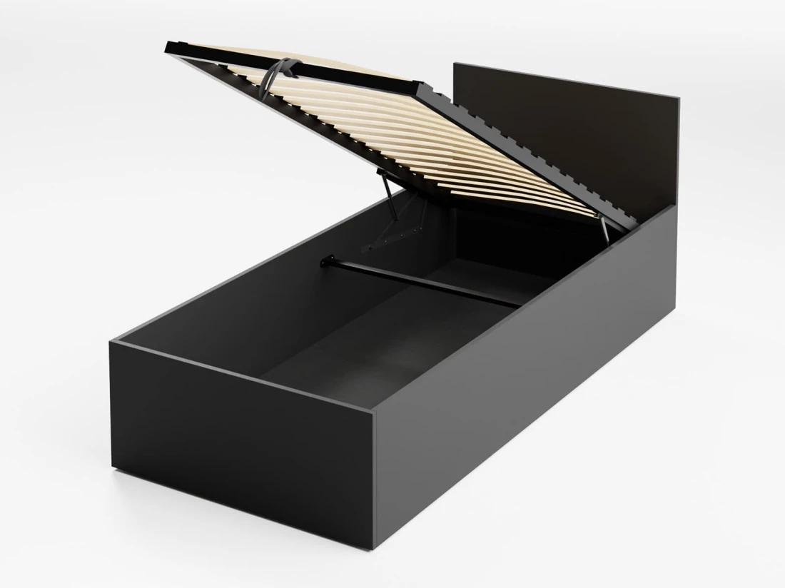 Letto 90x200 DM1 nero con telaio metallico sollevabile e contenitore