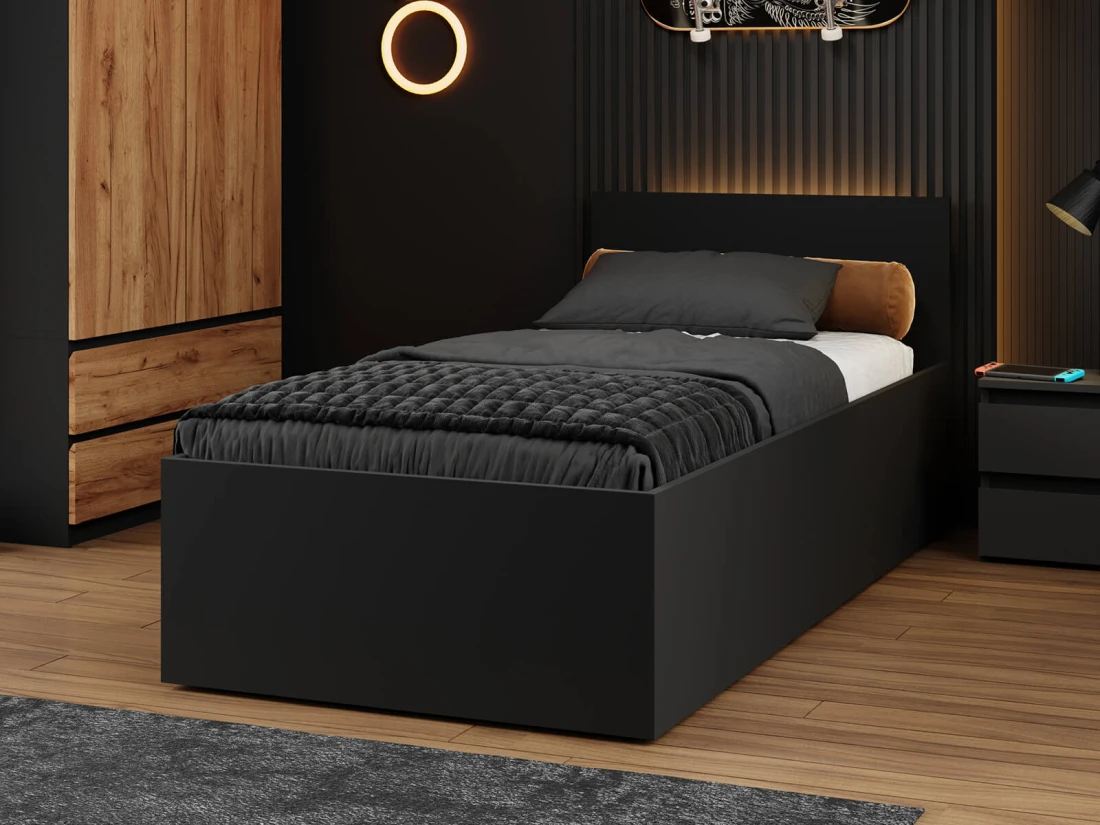 Letto 90x200 DM1 nero con telaio metallico sollevabile e contenitore