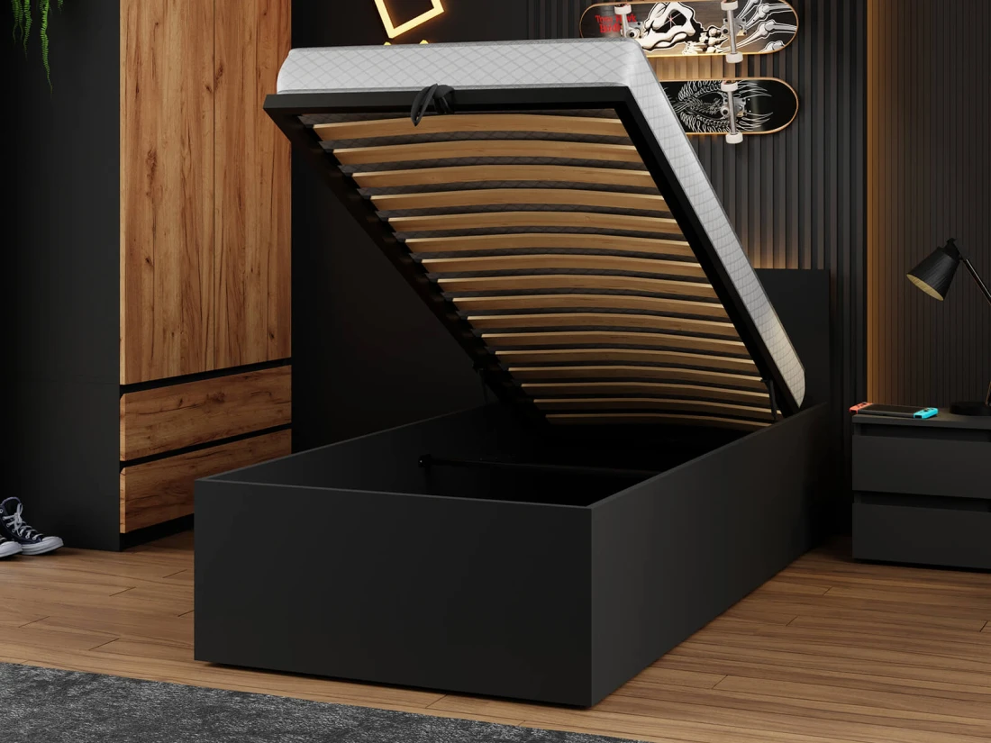 Letto 90x200 DM1 nero con telaio metallico sollevabile e contenitore