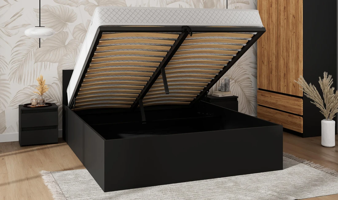 Letto 120x200 DM1 nero con telaio metallico sollevabile e contenitore