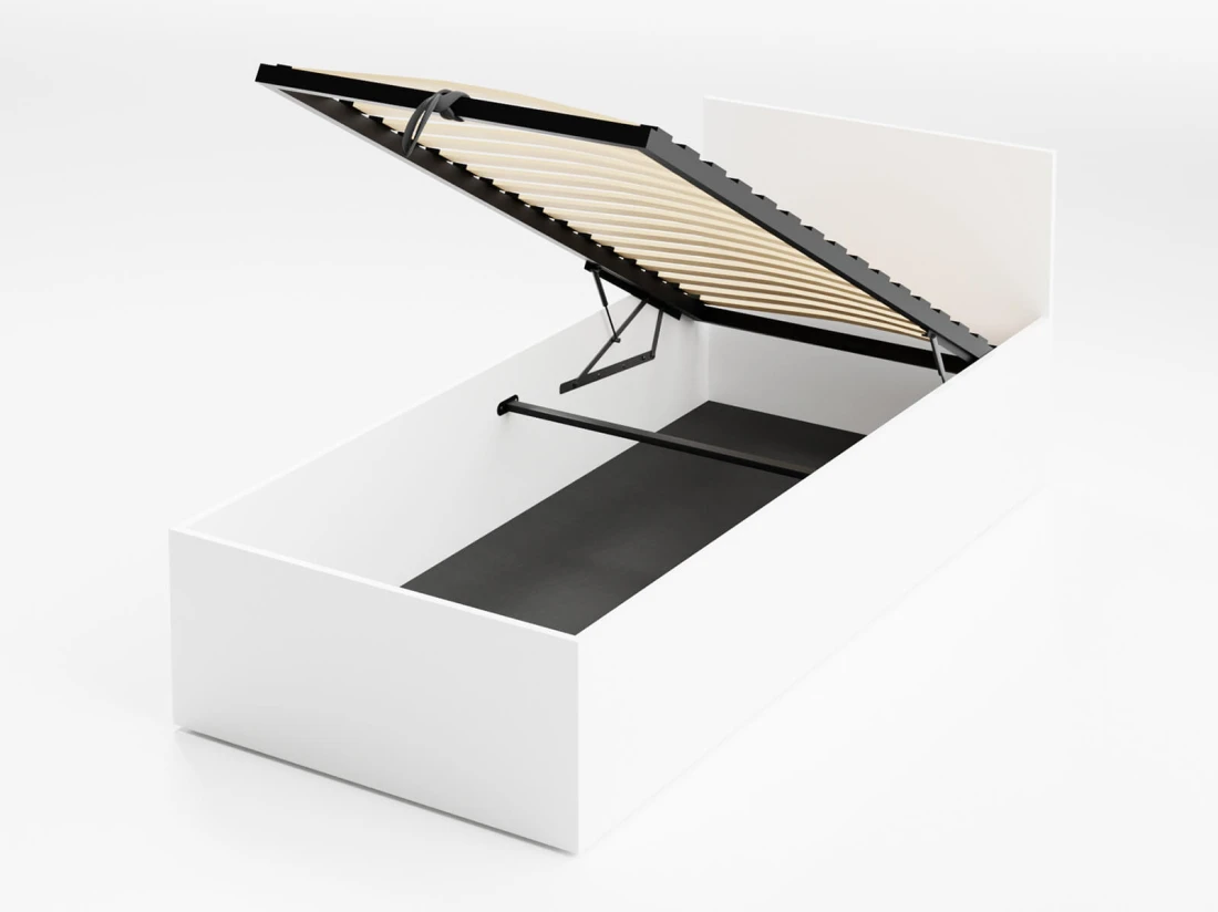 Letto 90x200 DM1 bianco con telaio metallico sollevabile e contenitore