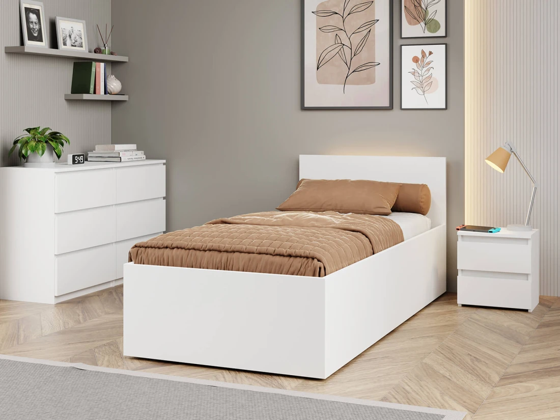 Letto 90x200 DM1 bianco con telaio metallico sollevabile e contenitore