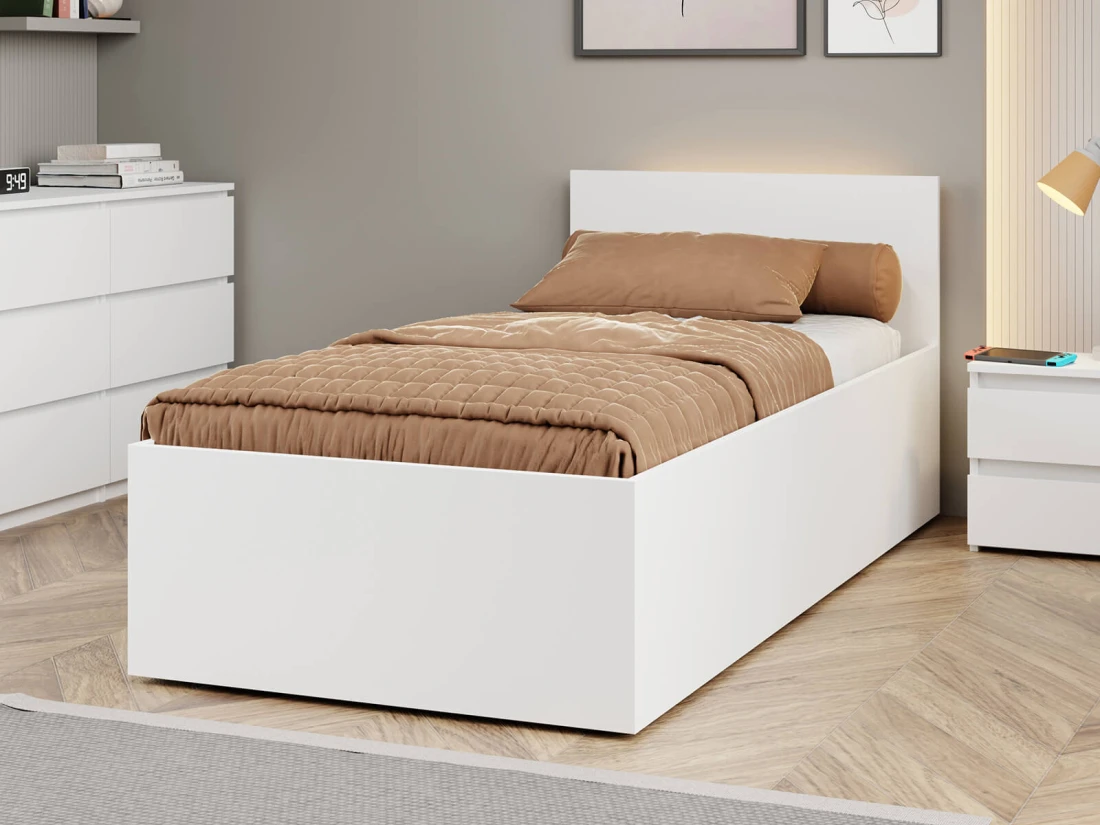 Letto 90x200 DM1 bianco con telaio metallico sollevabile e contenitore