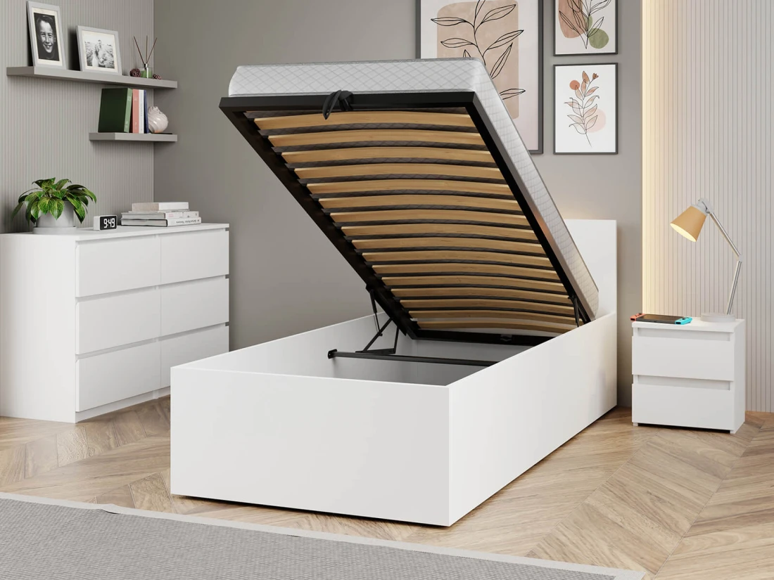 Letto 90x200 DM1 bianco con telaio metallico sollevabile e contenitore