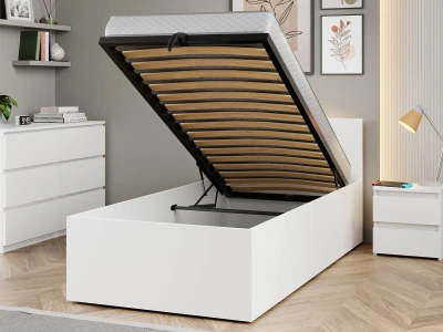 Letto 90x200 DM1 bianco con telaio metallico sollevabile e contenitore