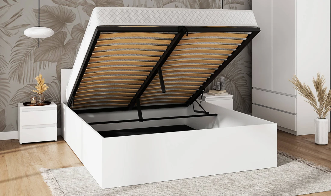 Letto 120x200 DM1 bianco con telaio metallico sollevabile e contenitore