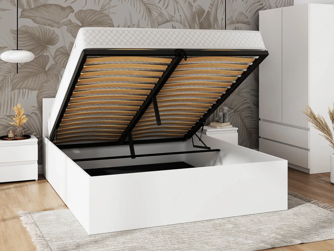 Letto 140x200 DM1 bianco con telaio metallico sollevabile e contenitore