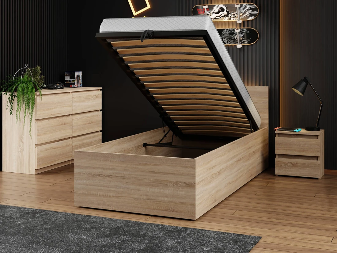 Letto 90x200 DM1 rovere di sonoma con telaio metallico sollevabile e contenitore