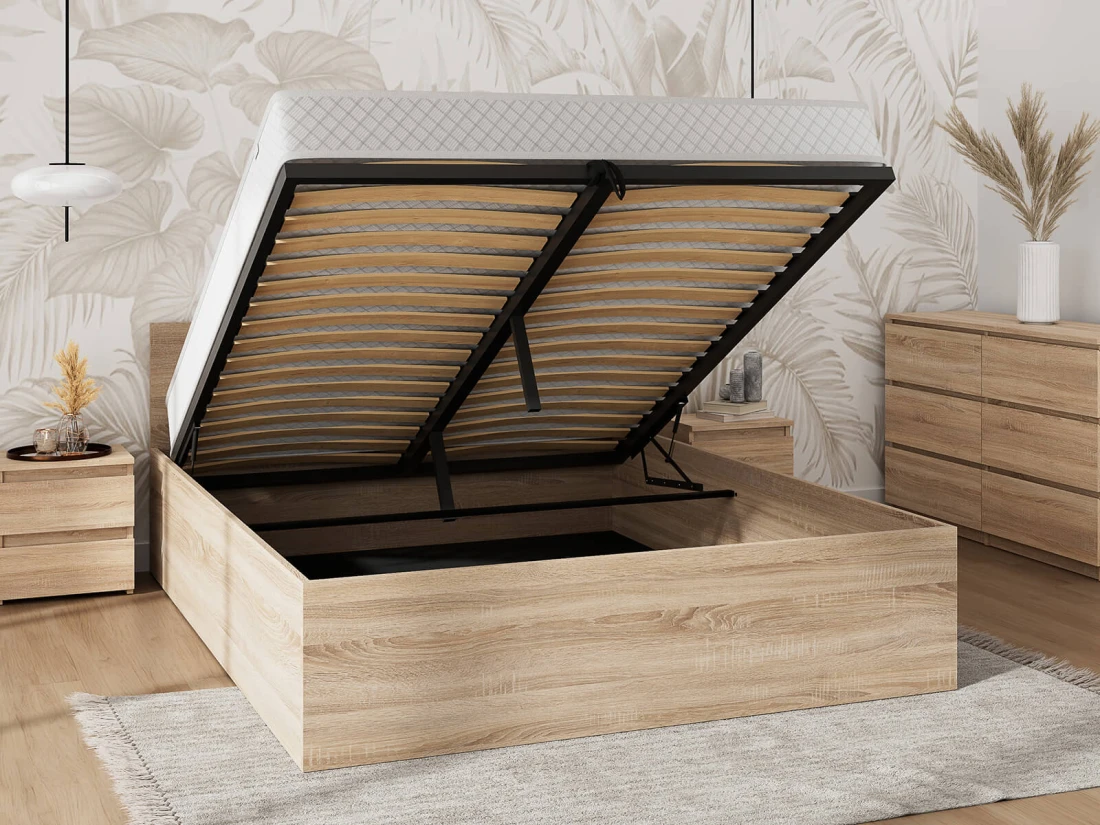 Letto 180x200 DM1 rovere di sonoma con telaio metallico sollevabile e contenitore