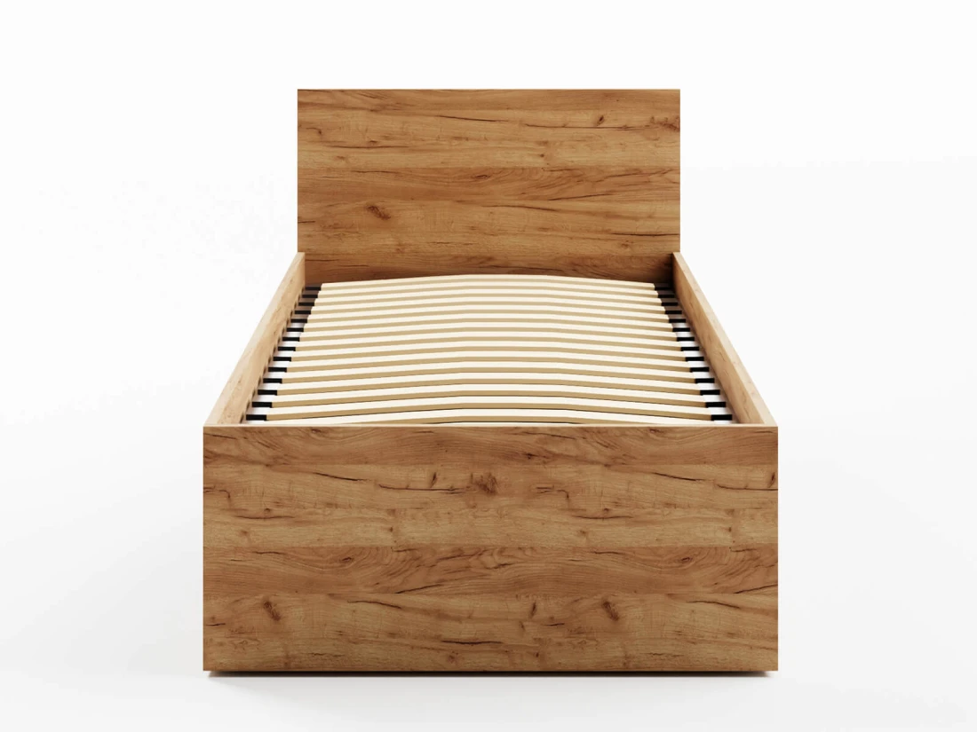 Letto 90x200 DM1 rovere artigianale con telaio metallico sollevabile e contenitore