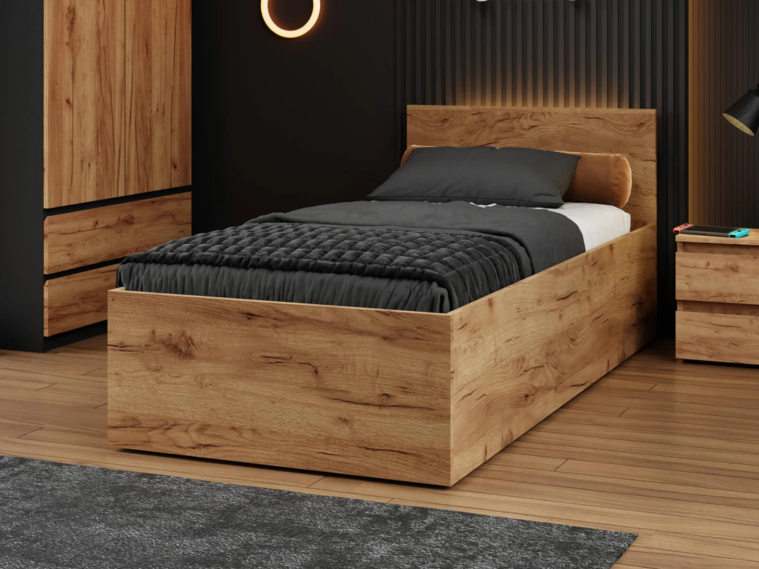 Letto 90x200 DM1 rovere artigianale con telaio metallico sollevabile e contenitore