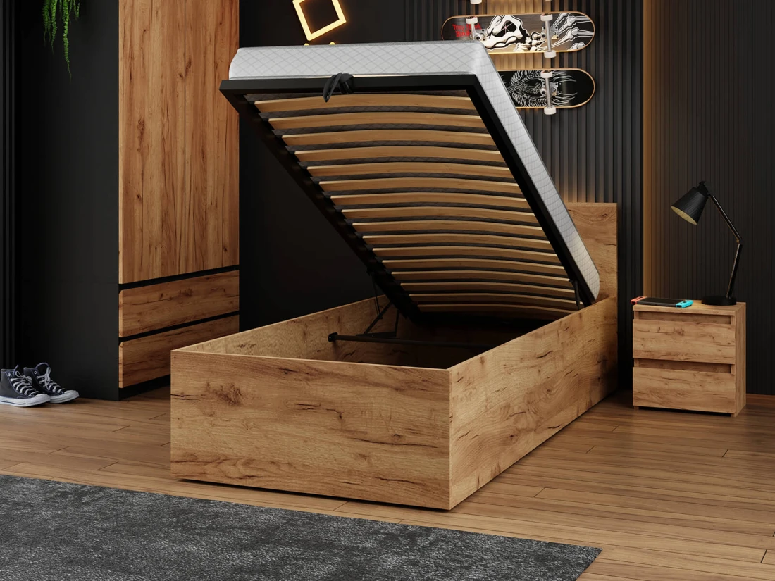 Letto 90x200 DM1 rovere artigianale con telaio metallico sollevabile e contenitore
