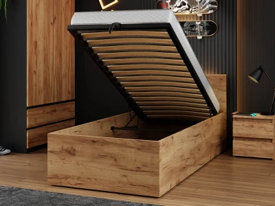 Letto 90x200 DM1 rovere artigianale con telaio metallico sollevabile e contenitore