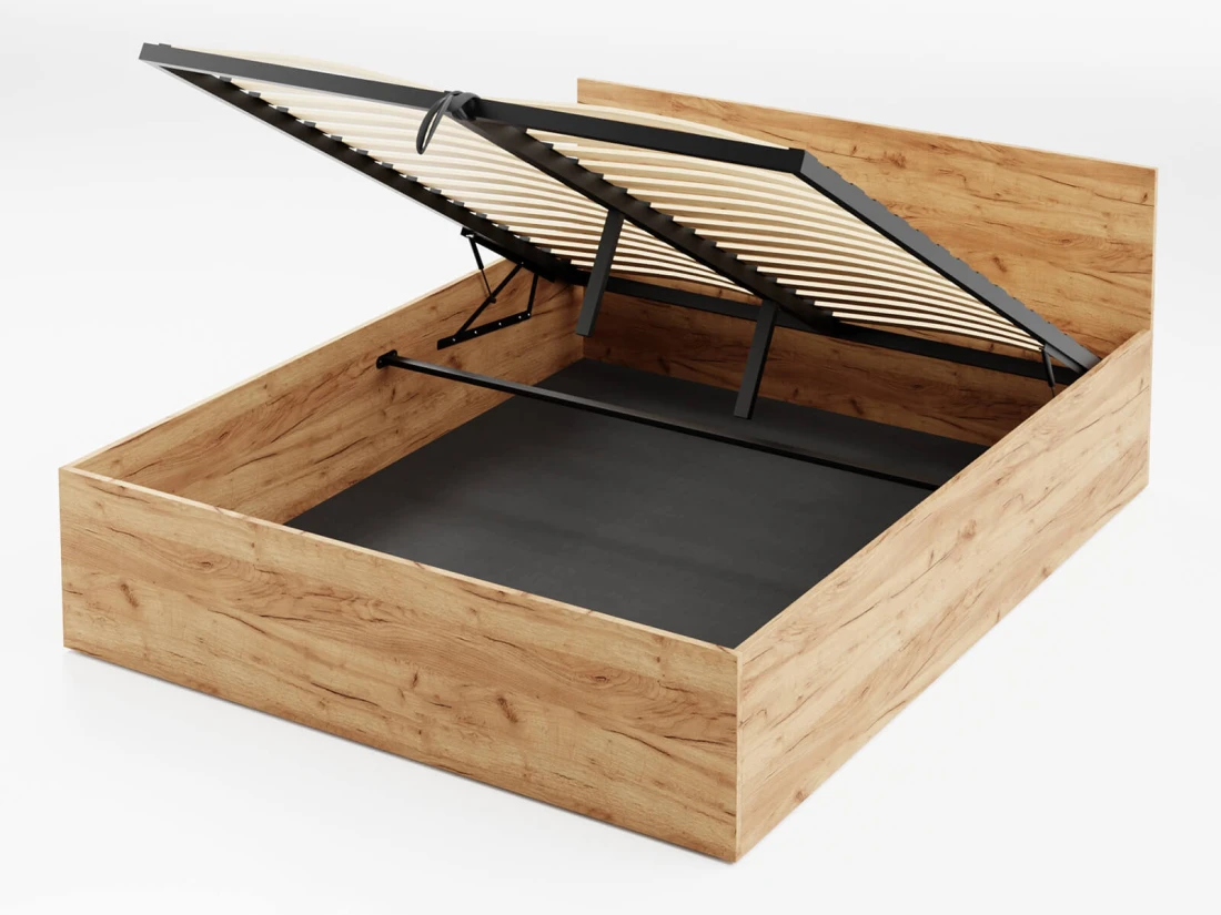 Letto 120x200 DM1 rovere artigianale con telaio metallico sollevabile e contenitore