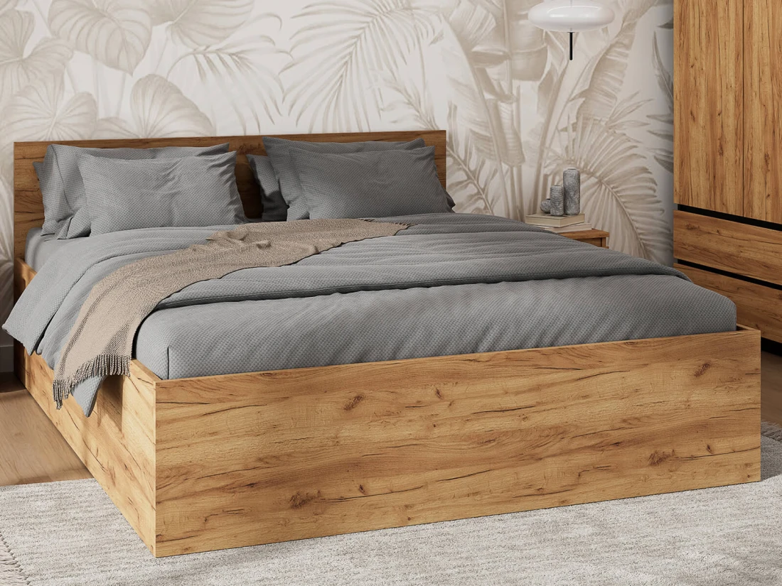 Letto 120x200 DM1 rovere artigianale con telaio metallico sollevabile e contenitore