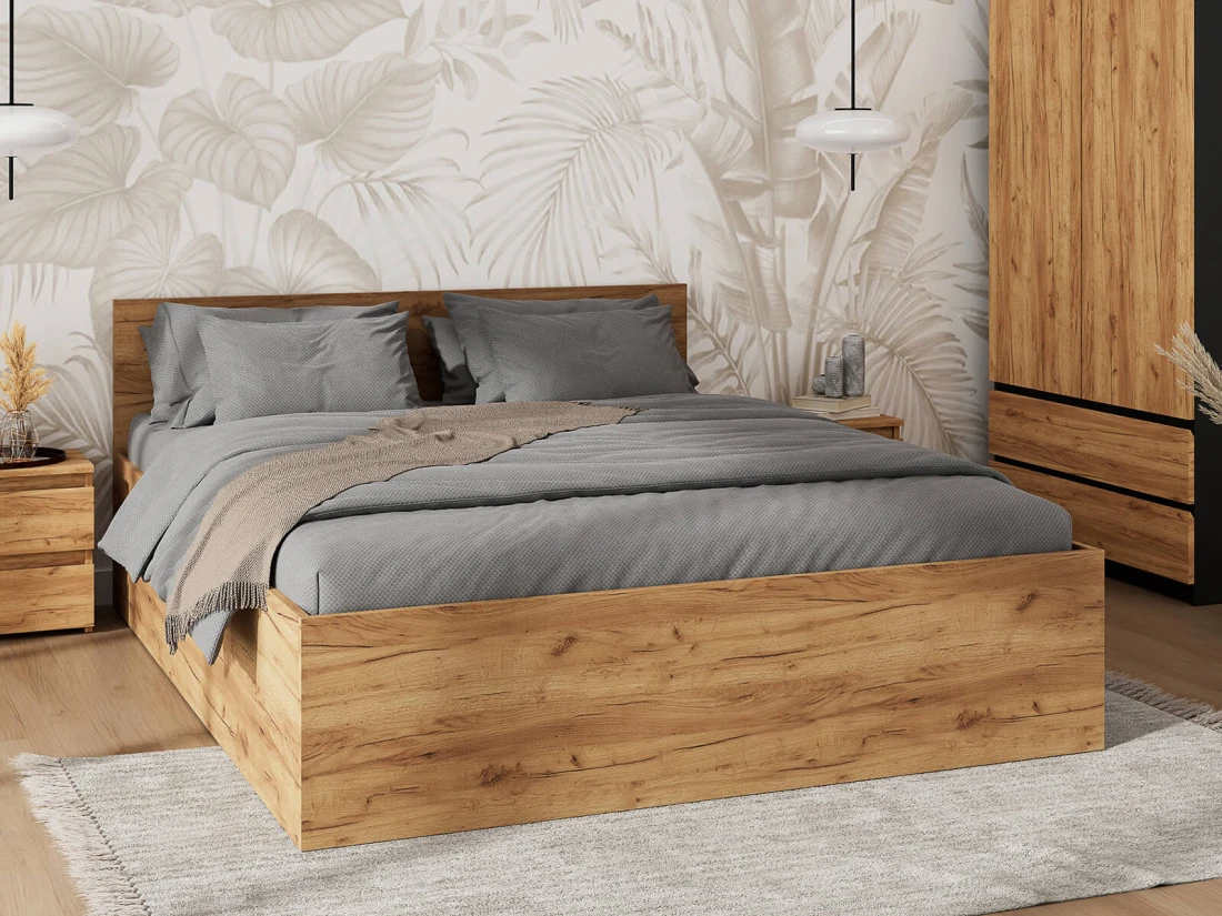 Letto 160x200 DM1 rovere artigianale con telaio metallico sollevabile e contenitore