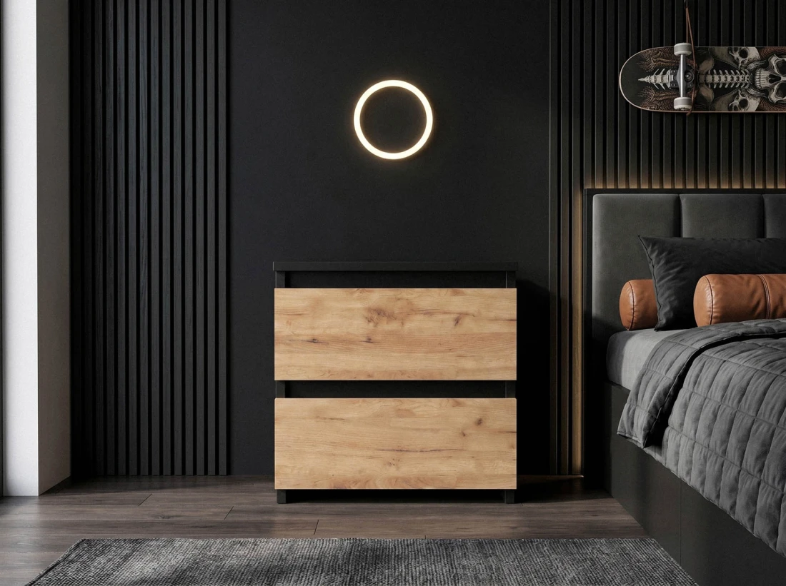 Comodino 2S 40x40 cm Fabio nero + rovere artigianale