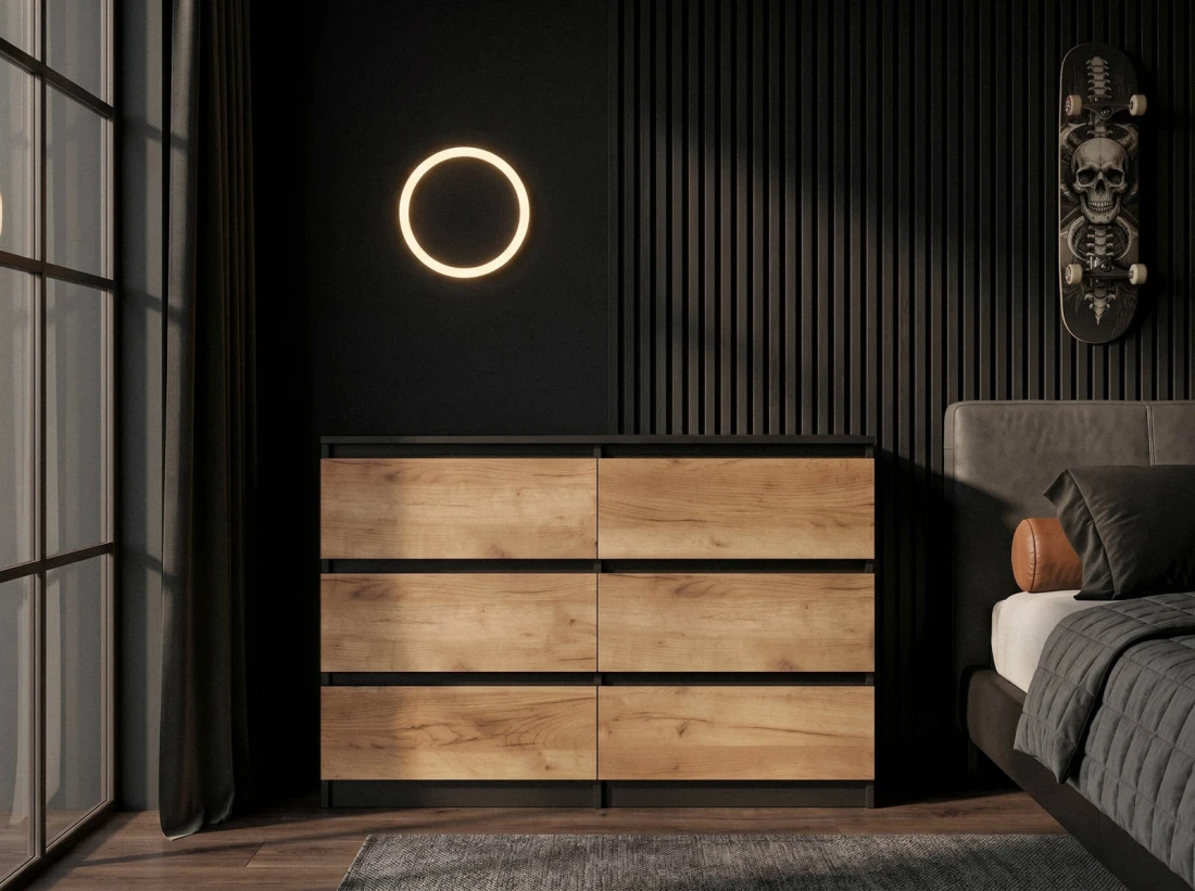 Cassettiera 6S 120x77 cm Fabio nero + rovere artigianale