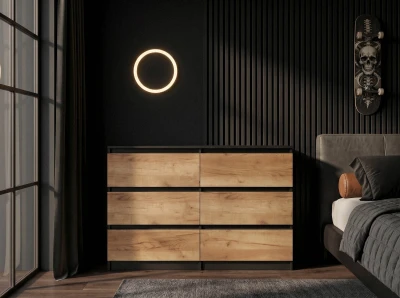 Cassettiera 6S 120x77 cm Fabio nero + rovere artigianale