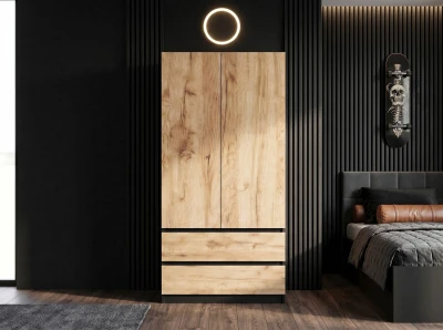 Armadio a due ante con cassetti 90x180 cm Fabio nero + rovere artigianale