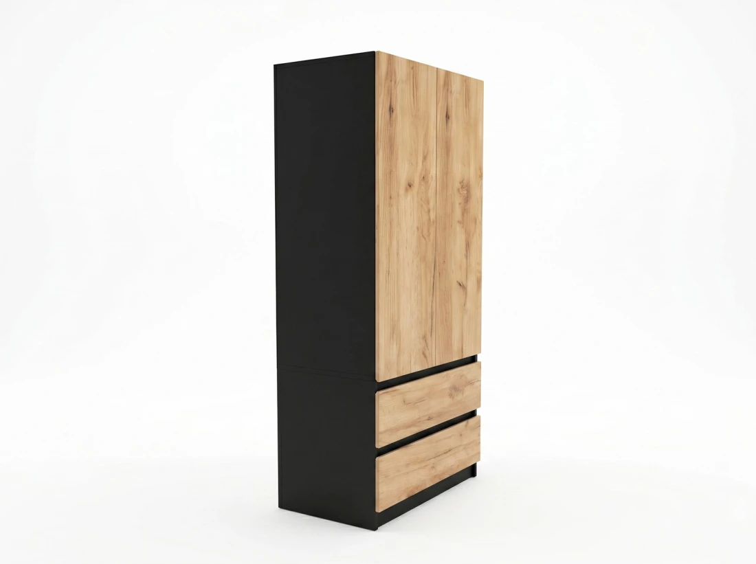 Armadio a due ante con cassetti 90x180 cm Fabio nero + rovere artigianale