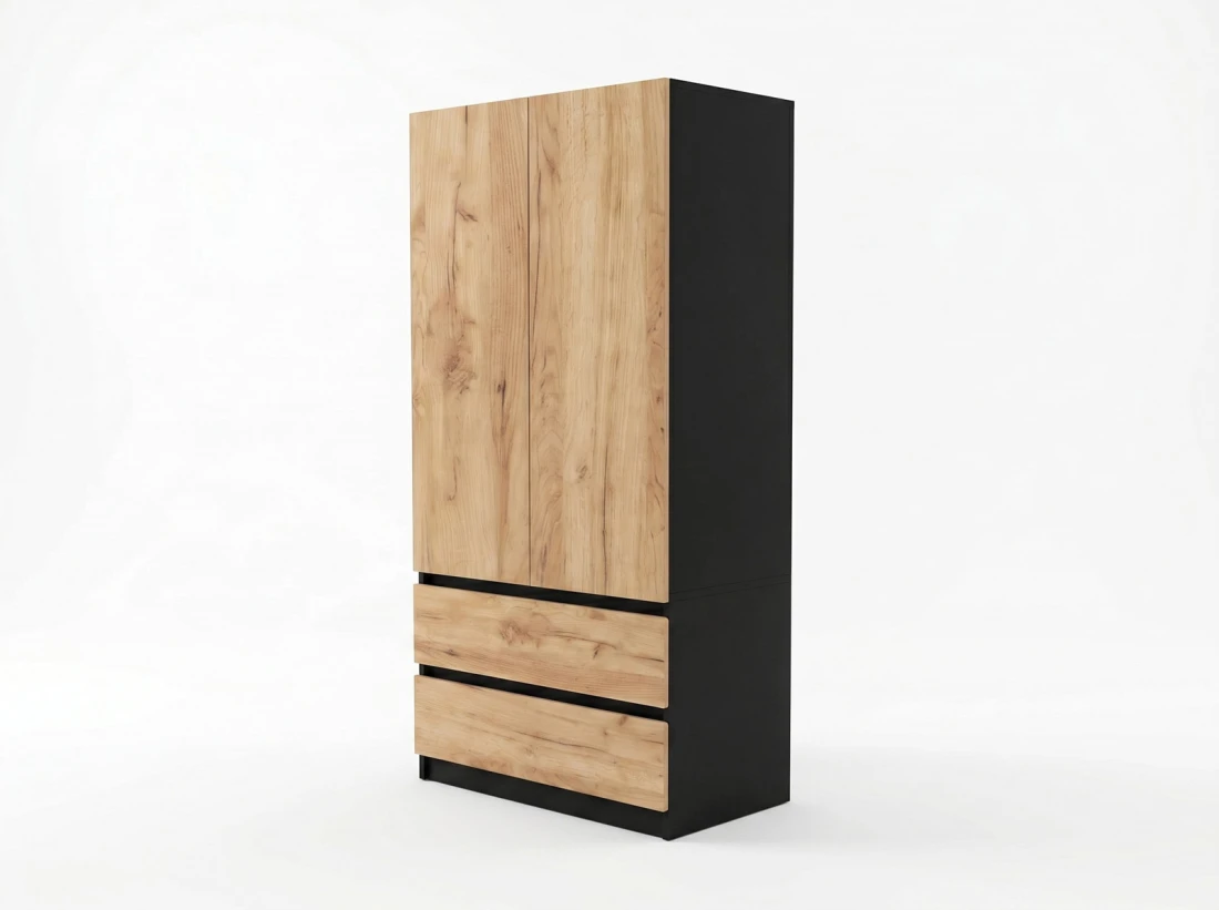 Armadio a due ante con cassetti 90x180 cm Fabio nero + rovere artigianale