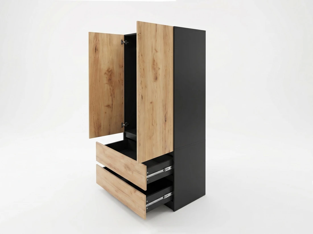 Armadio a due ante con cassetti 90x180 cm Fabio nero + rovere artigianale