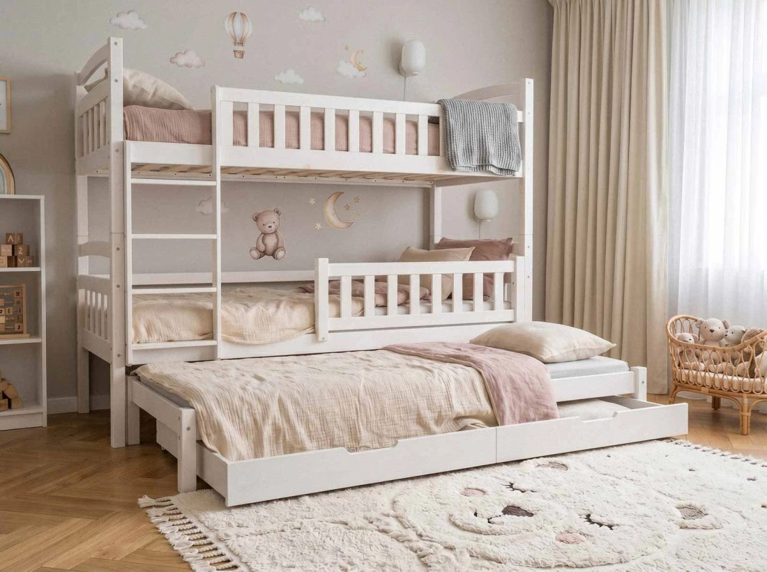 Letto a castello in legno per 3 persone 90x200 cm con cassetti P3S bianco