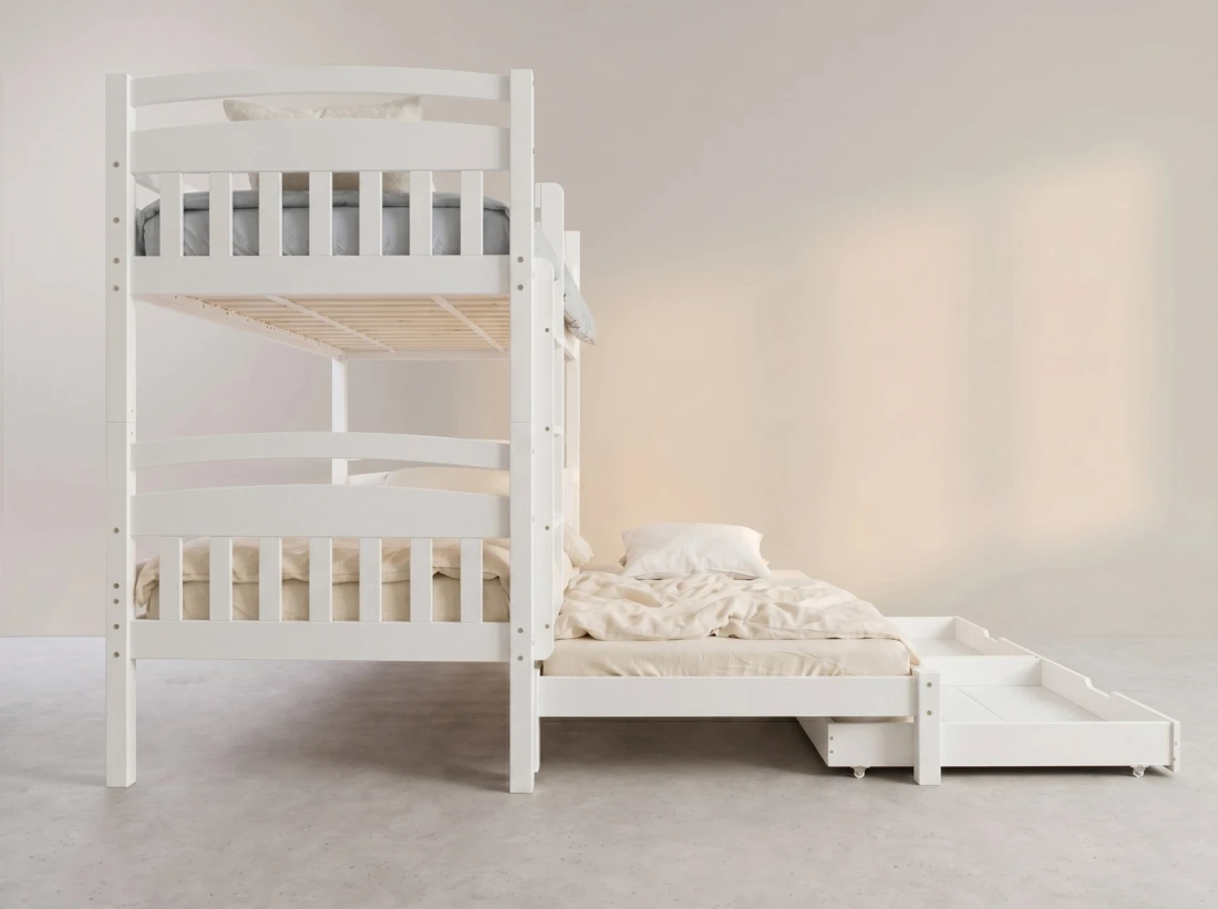 Letto a castello in legno per 3 persone 90x200 cm con cassetti P3S bianco