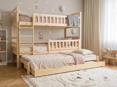 Letto a castello in legno per 3 persone 90x200 cm con cassetti P3S pino