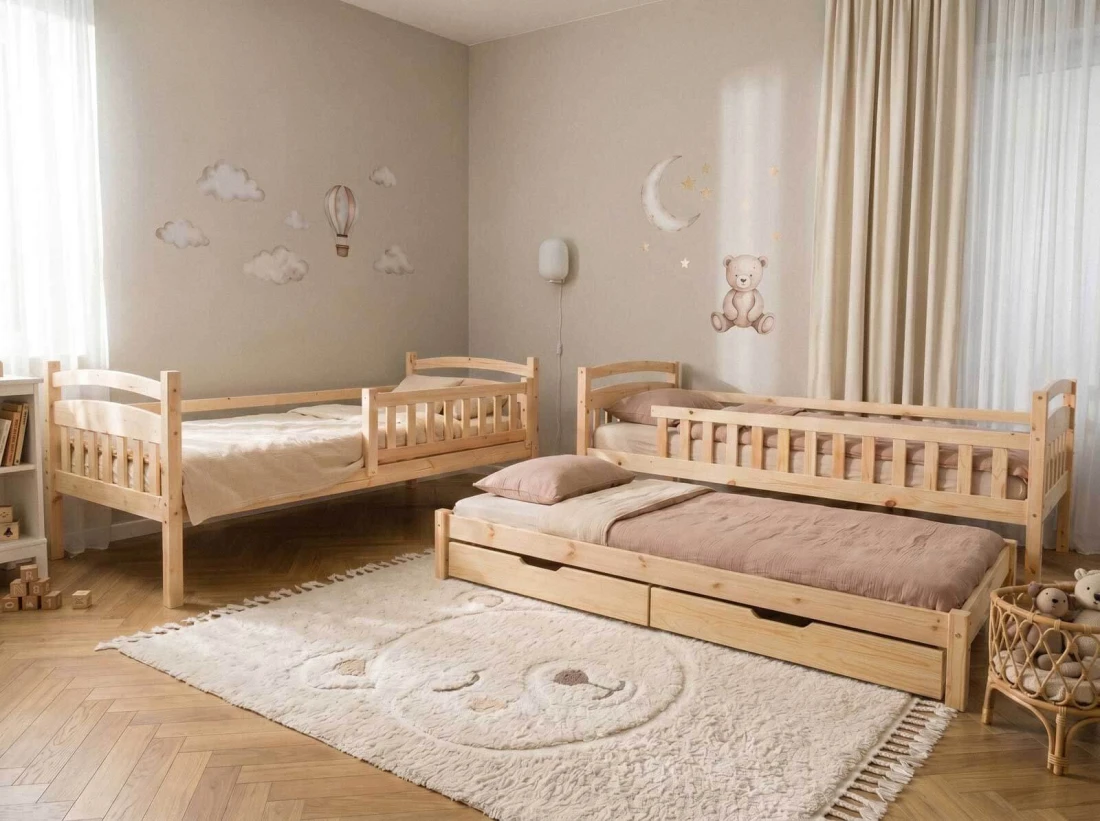 Letto a castello in legno per 3 persone 90x200 cm con cassetti P3S pino