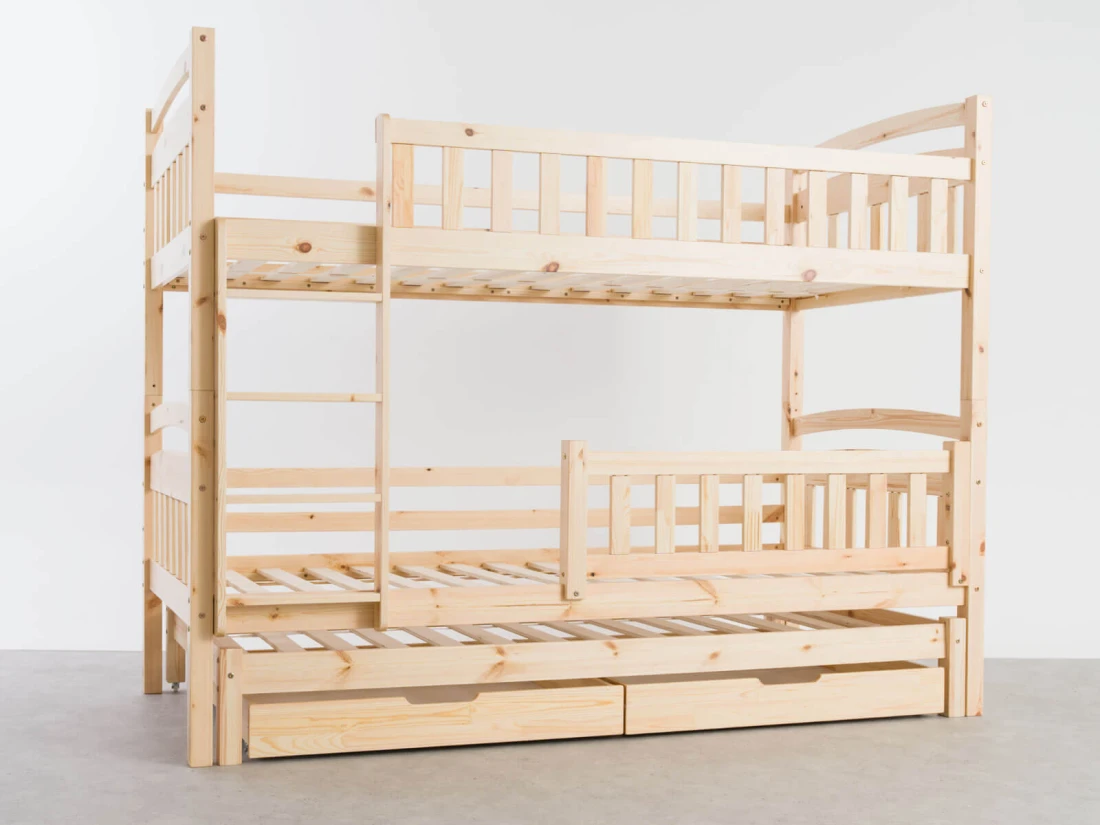 Letto a castello in legno per 3 persone 90x200 cm con cassetti P3S pino
