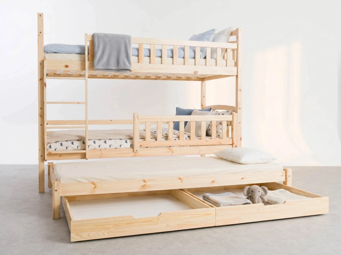 Letto a castello in legno per 3 persone 90x200 cm con cassetti P3S pino