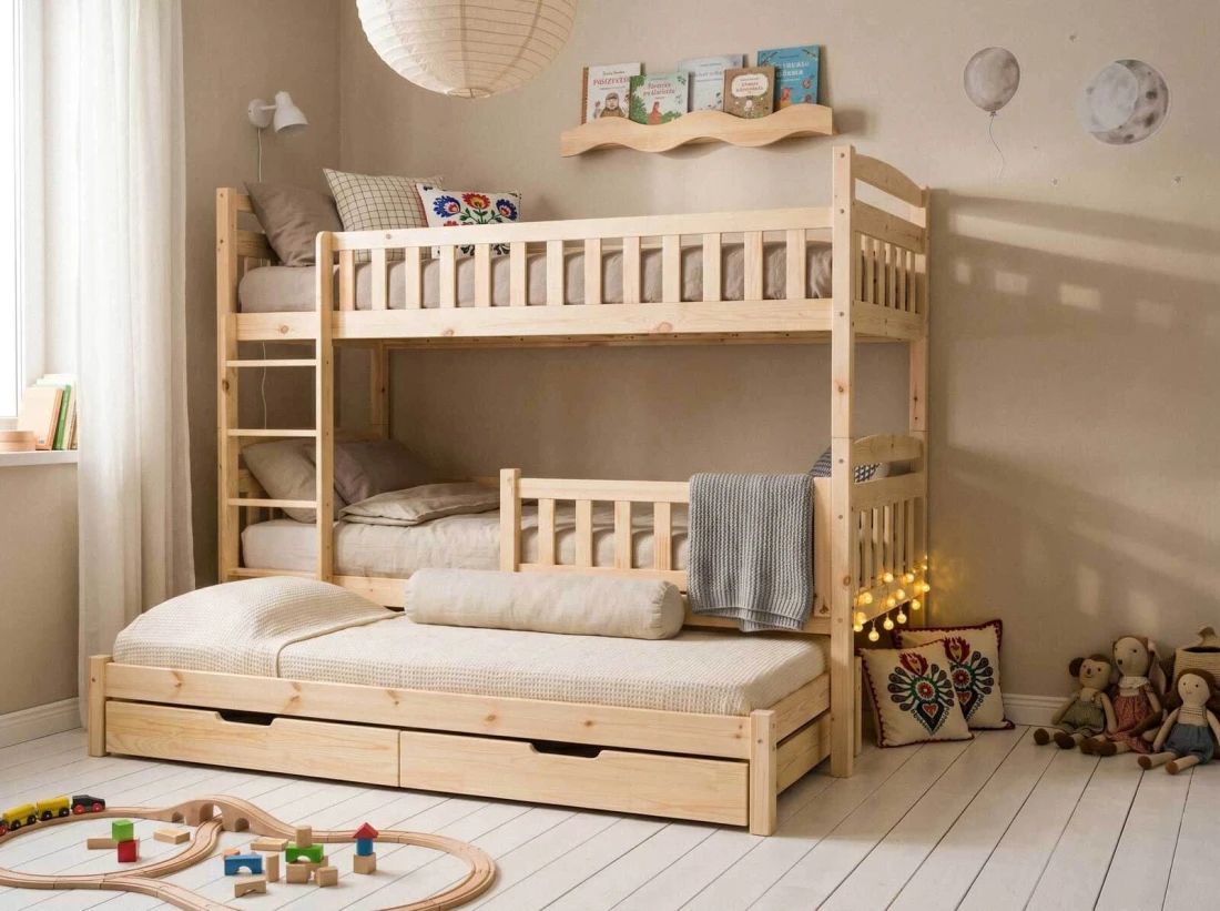 Letto a castello in legno per 3 persone 90x200 cm con cassetti P3S pino