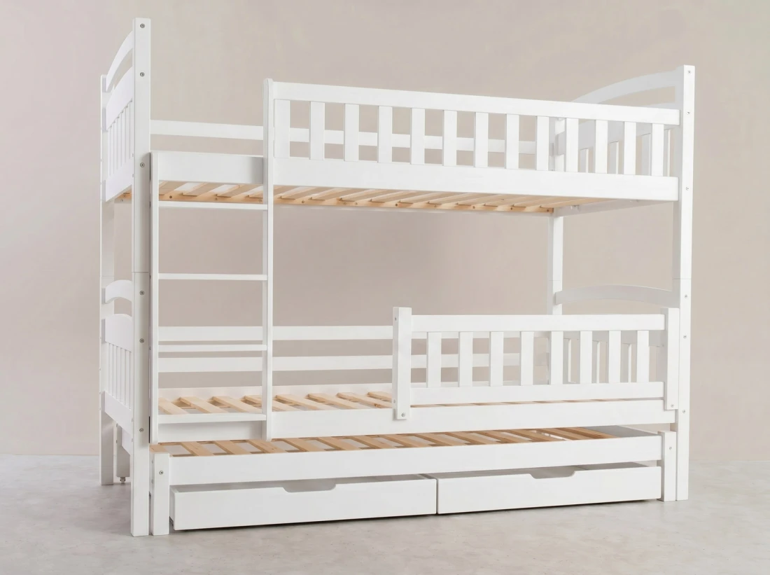 Letto a castello in legno per 3 persone 90x200 cm con cassetti P3S bianco