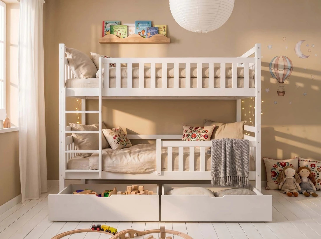 Letto a castello in legno 90x200 con cassetti P4S in bianco