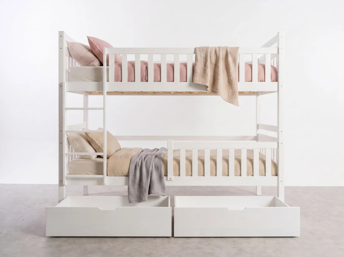 Letto a castello in legno 90x200 con cassetti P4S in bianco