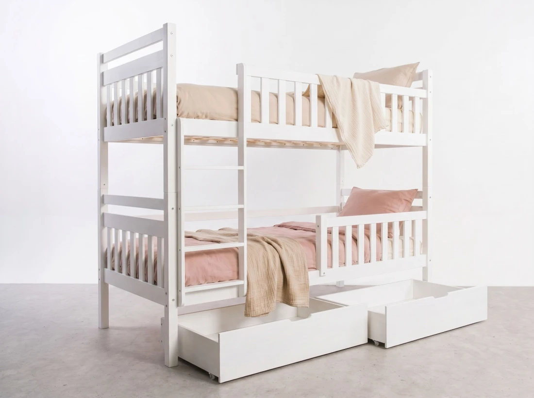 Letto a castello in legno 90x200 con cassetti P4S in bianco