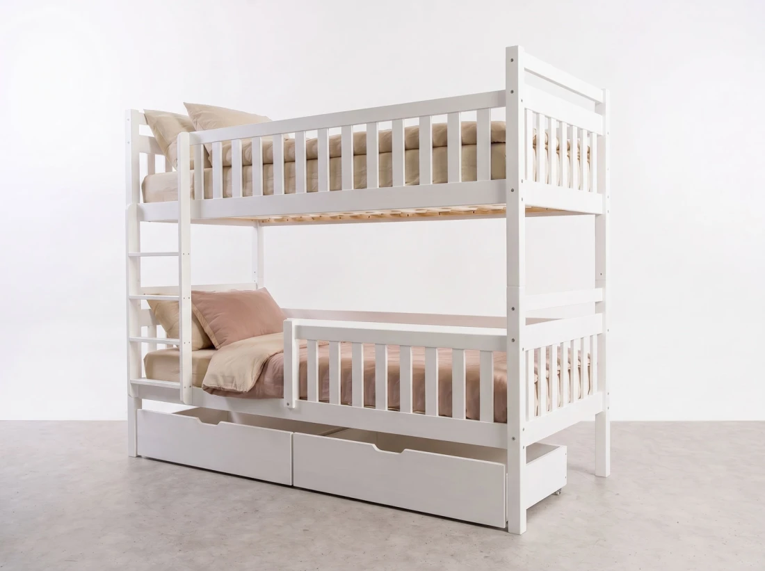 Letto a castello in legno 90x200 con cassetti P4S in bianco