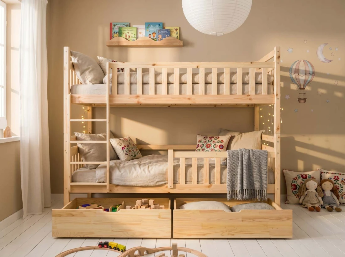 Letto a castello in legno 90x200 con cassetti P4S in pino