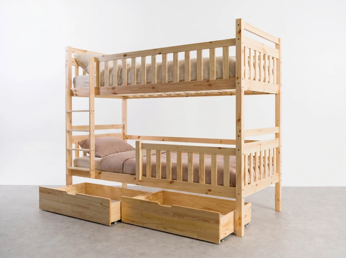Letto a castello in legno 90x200 con cassetti P4S in pino