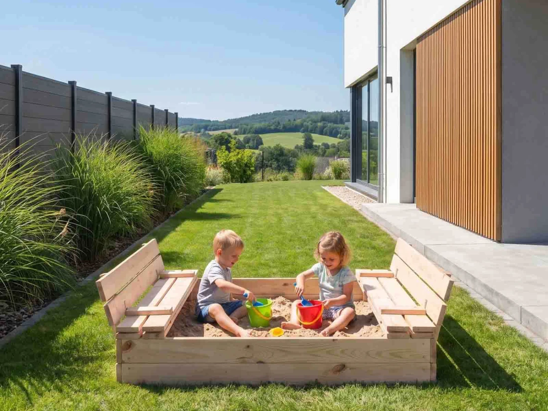 Sabbiera in legno con coperchio 120×120 cm – non verniciata