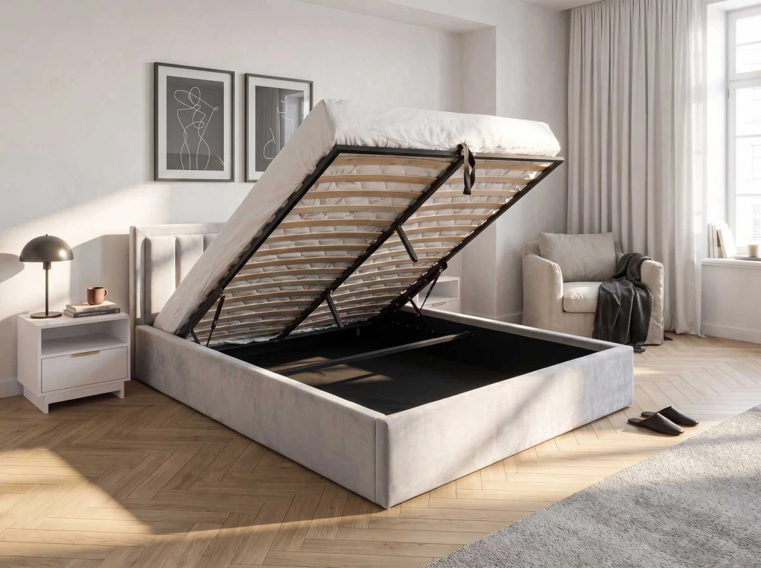 Letto matrimoniale 140x200 imbottito con contenitore TOP line 9 Bluvel 03 Grigio