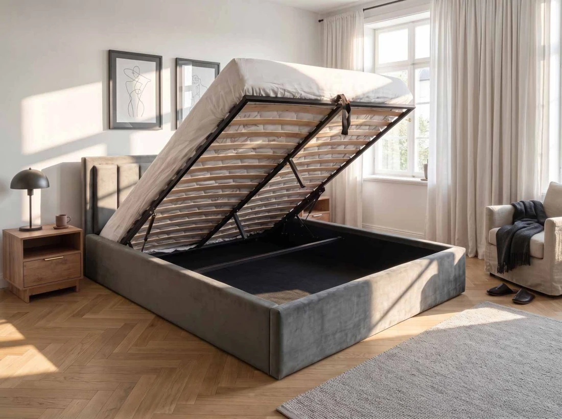 Letto matrimoniale 160x200 imbottito con contenitore TOP line 9 Bluvel 18 Grafite