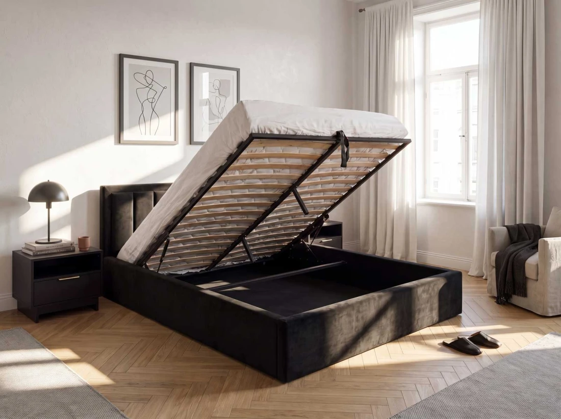 Letto matrimoniale 140x200 imbottito con contenitore TOP line 9 Bluvel 19 Nero