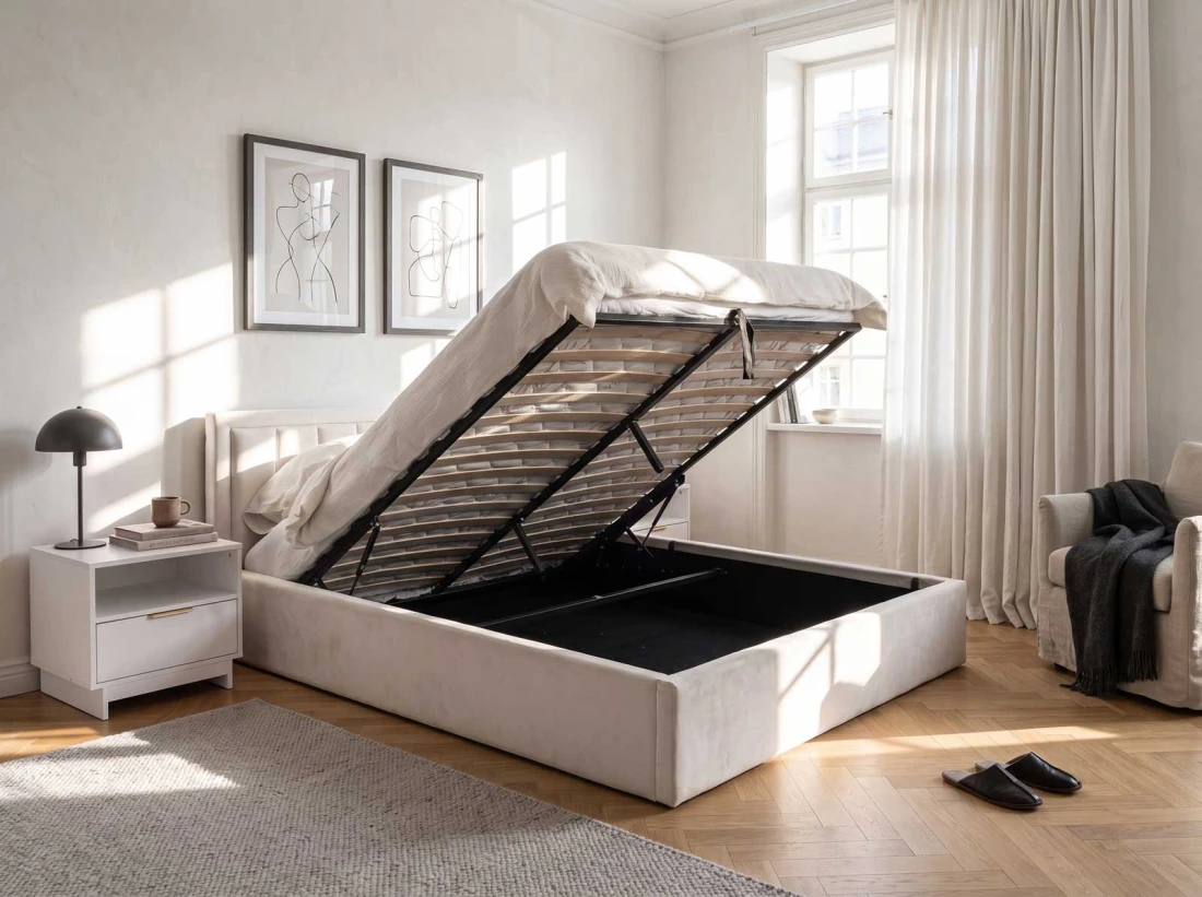 Letto matrimoniale 180x200 imbottito con contenitore TOP line 9 Bluvel 22 Beige
