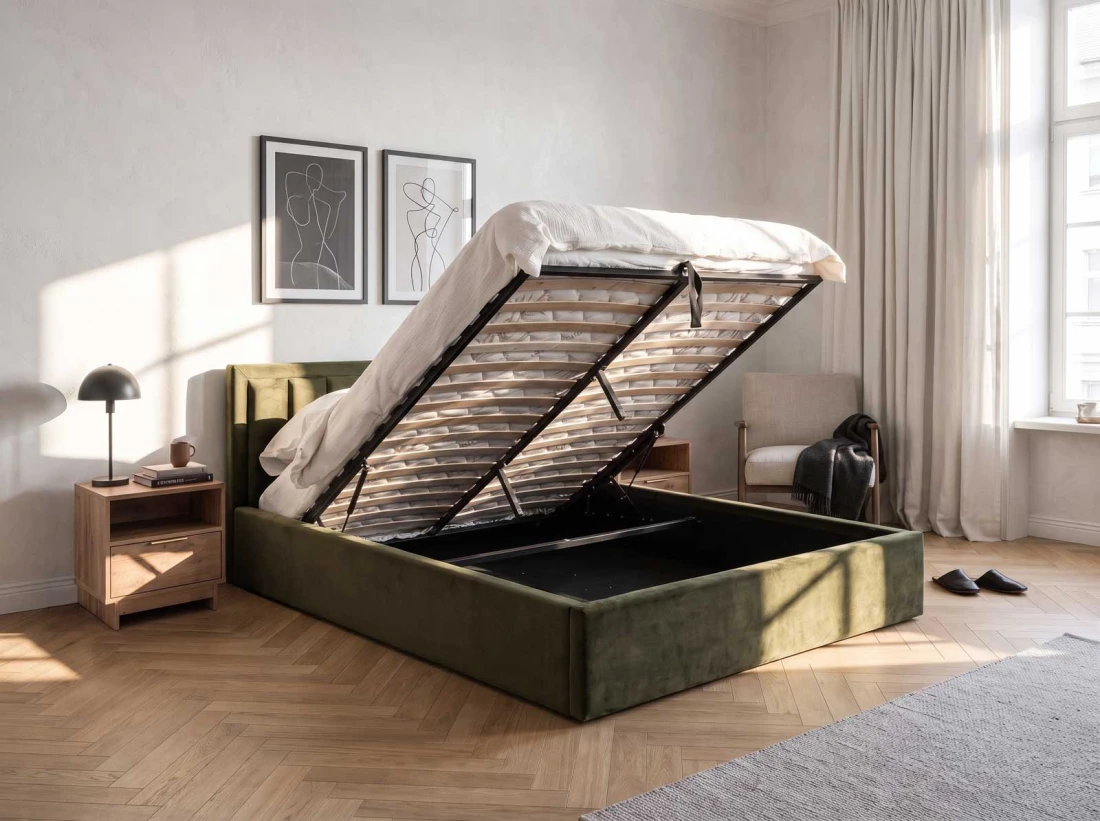 Letto matrimoniale 160x200 imbottito con contenitore TOP line 9 Bluvel 77 Oliva