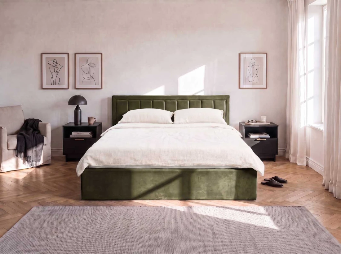 Letto matrimoniale 180x200 imbottito con contenitore TOP line 9 Bluvel 77 Oliva